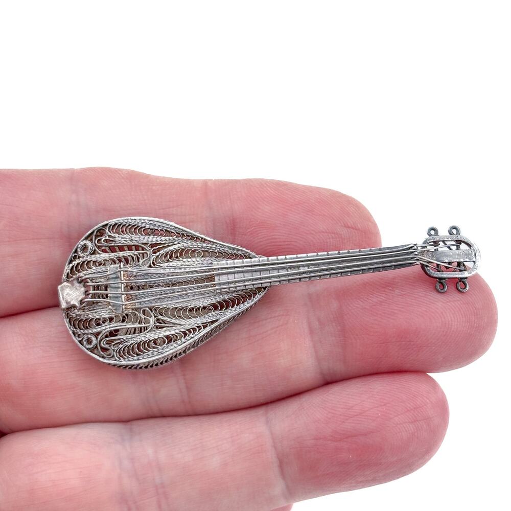 Vintage Sterling Silver 925 Lute Brooch